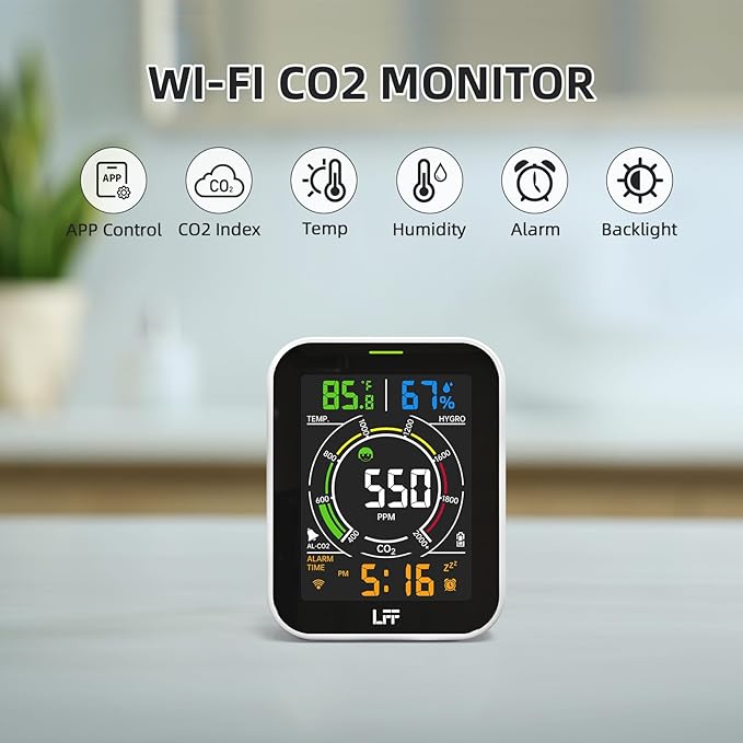 LFF CO2 Detector, 4-in-1 Wi-Fi Air Quality Monitor Gas Detector, Carbon Dioxide Detector, CO2 Monitor with Alarm, Temp, Humi and Time, Indoor Air Quality Monitor for Home, Kitchen, Room, Car