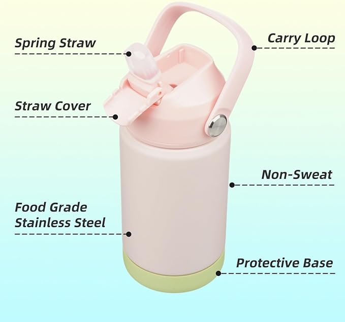Insulated Water Bottle with Straw Lid,12 oz Stainless Steel Vacuum Metal Bottle with Silicone Handle,Pearl-FlexoryFit
