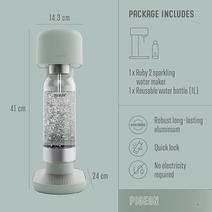 Ruby 2 Sparkling Water Maker - Soda Streaming Machine Silent Carbonated Water Machine Robust Long-Lasting Aluminium Soda Maker 1L Water Bottle Without CO2 Cylinder - Sage Green Soda Machine
