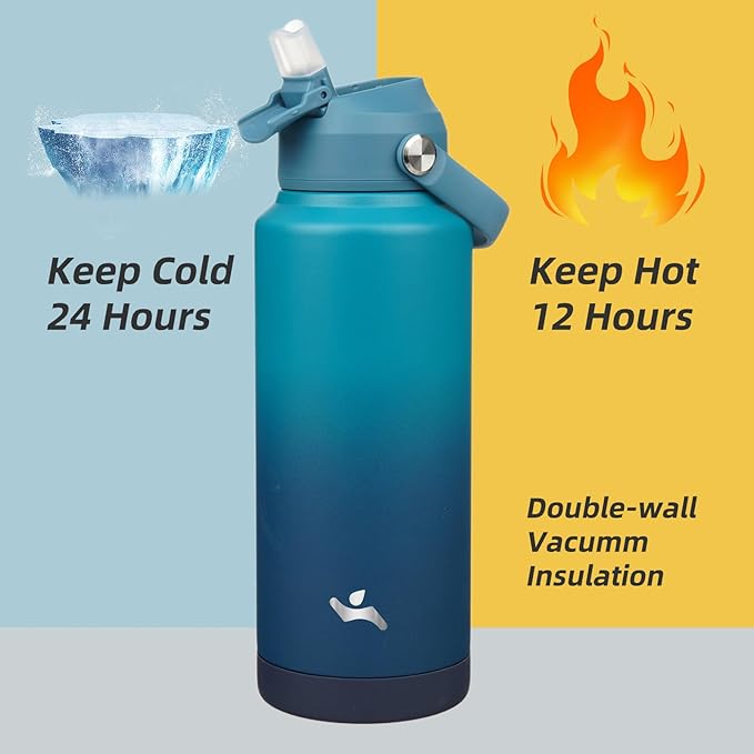 Insulated Water Bottle with Straw Lid,32 oz Stainless Steel Vacuum Metal Bottle with Silicone Handle,Vast-FlexoryFit