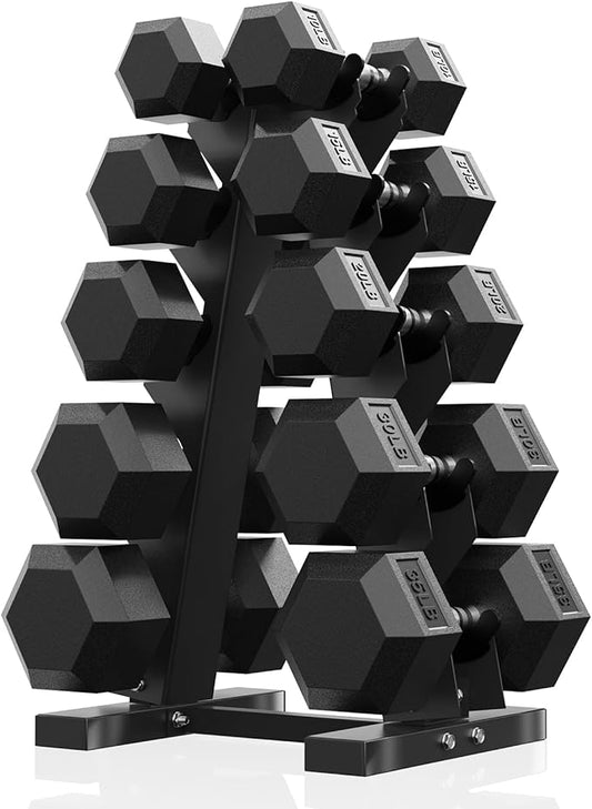 PAPABABE Hex Dumbbell Sets with Rack, 60-550lb Rubber Coated Dumbbell Weight Set and Storage Rack, Multiple Options Hand Weights for Strength Training-FlexoryFit
