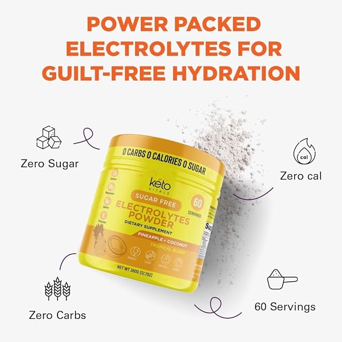 Keto Vitals Electrolytes Powder - Sugar Free Keto Electrolytes Powder with Potassium, Magnesium, Sodium, & Calcium - No Sugar Electrolyte Drink Mix & Hydration Powder, 60 Servings, Pineapple Coconut-FlexoryFit