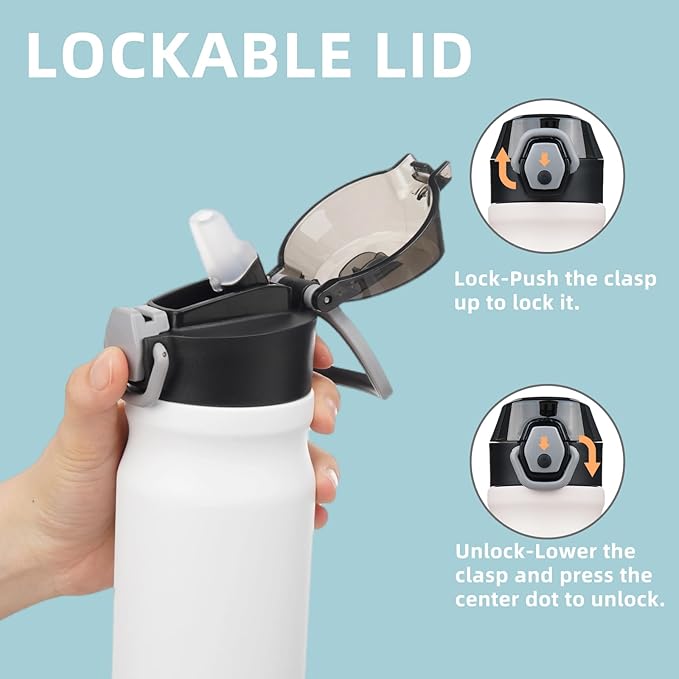 Insulated Water Bottle with Straw and Carry Loop,18 oz Stainless Steel Double Wall Vaccum Metal Water Flask with Leak-proof Lid,White-FlexoryFit