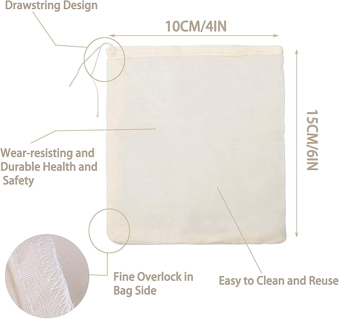 Nut Milk Bag - 4 Pack Reusable Cheese Cloths for Straining, Cold Brew Coffee & Bone Broth Bags (4INX6IN)