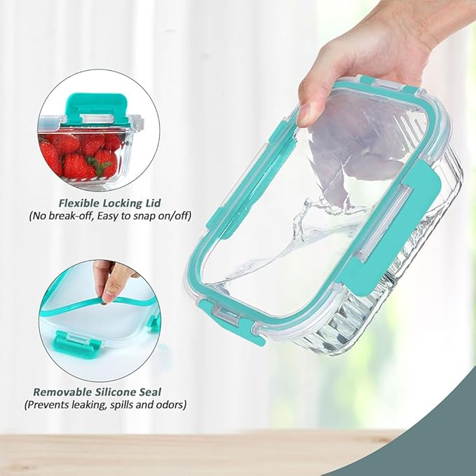 10 Packs Glass Meal Prep Containers with Lids, Glass Food Storage Containers Set, Airtight Lunch Containers, Microwave, Oven, Freezer and Dishwasher Safe, Green-FlexoryFit