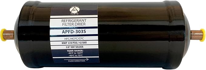 Appli Parts APFD-303S 3/8 in Liquid Line Refrigerant AC Filter Drier hvac Refrigeration 303S ODF Sweat Solder connection universal unidirectional 9 in long 3in wide