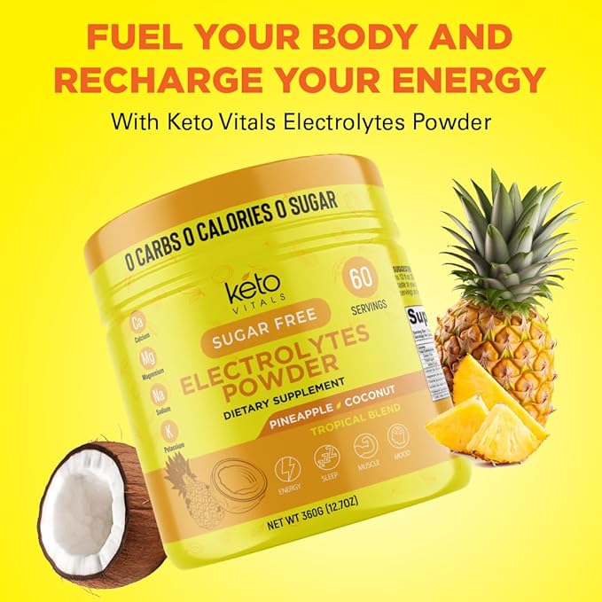 Keto Vitals Electrolytes Powder - Sugar Free Keto Electrolytes Powder with Potassium, Magnesium, Sodium, & Calcium - No Sugar Electrolyte Drink Mix & Hydration Powder, 60 Servings, Pineapple Coconut-FlexoryFit