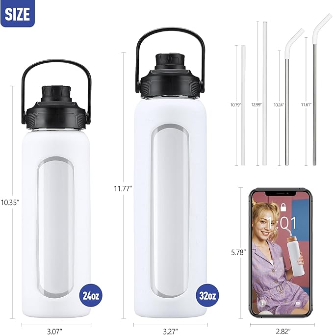 Kodrine Water Bottle with Straw, 24 oz Glass water Bottle with 2 Lids Bamboo Straw Lid and Spout Lid with Handle, 32 oz Clear Water Bottle Glass for Sports Travel, Waterbottle with Time Marker-FlexoryFit