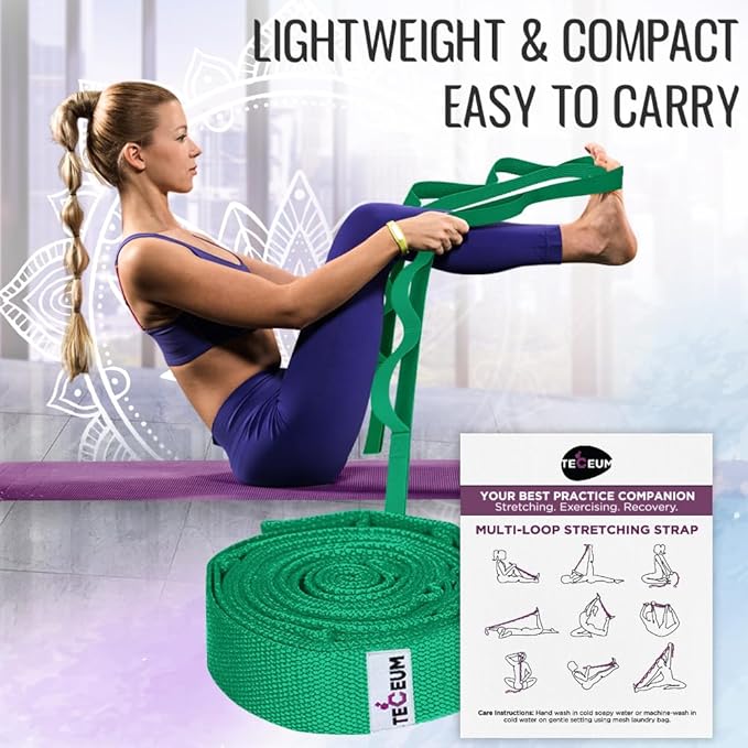 TECEUM Stretching Strap for Yoga & Physical Therapy – 10 Loops – Non-Elastic Leg Stretch Straps for Stretching, Exercising, Pilates, Post-Injury Rehabilitation for All Levels – Men & Women-FlexoryFit