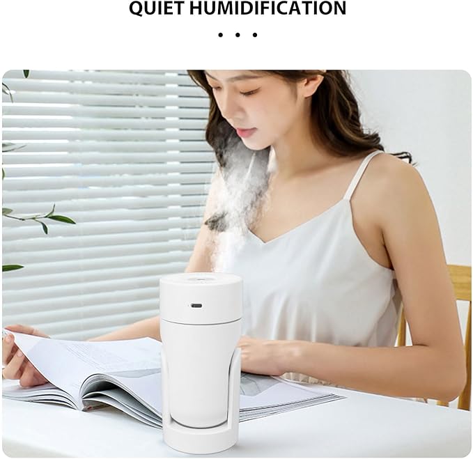 Portable Mini Humidifier,USB Automatic Rotating Super Quiet Small Desktop Cool Mist Humidifier for Bedroom Office Car Travel (White)