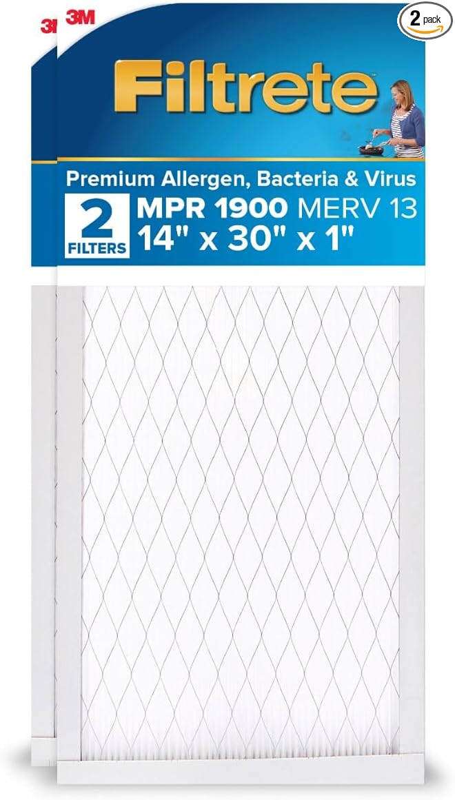 Filtrete 14x30x1 AC Furnace Air Filter, MERV 13, MPR 1900, Premium Allergen, Bacteria & Virus Filter, 3-Month Pleated 1-Inch Electrostatic Air Cleaning Filter, 2-Pack (Actual Size 13.81x29.81x0.78 in)