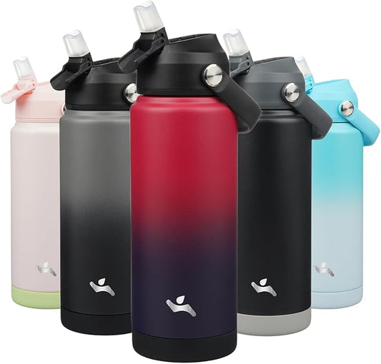 Insulated Water Bottle with Straw Lid,24 oz Stainless Steel Vacuum Metal Bottle with Silicone Handle,Rosy Red-FlexoryFit