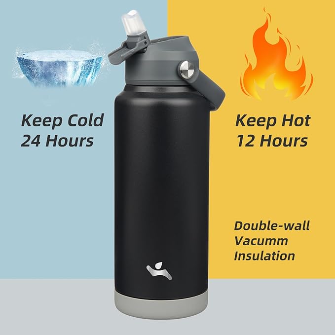 Insulated Water Bottle with Straw Lid,32 oz Stainless Steel Vacuum Metal Bottle with Silicone Handle,Black-FlexoryFit
