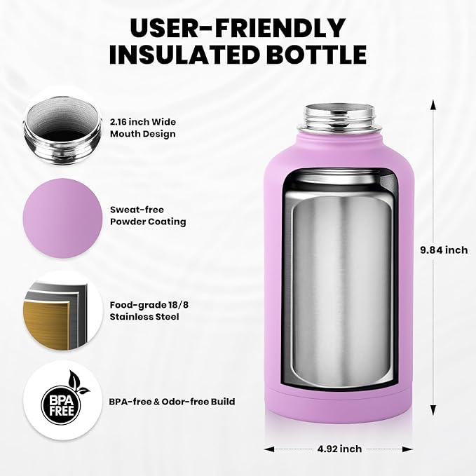 Insulated Water Bottle 64 oz, Triple Wall Vacuum Stainless Steel (Cold for 48 Hrs), Leak Proof & Non-BPA, Half Gallon Water Flask Jug with Paracord Handle & Straw Spout Lids, Lilac-FlexoryFit