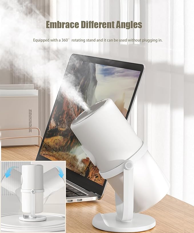 Portable Small Humidifier - Cold Mist Humidifier with 360° Rotating Stand, Stepless Dimming Warm Night Light, 2/8 H Timer Function, Mini humidifier for Bedroom, Plants, Office, and Car (White)