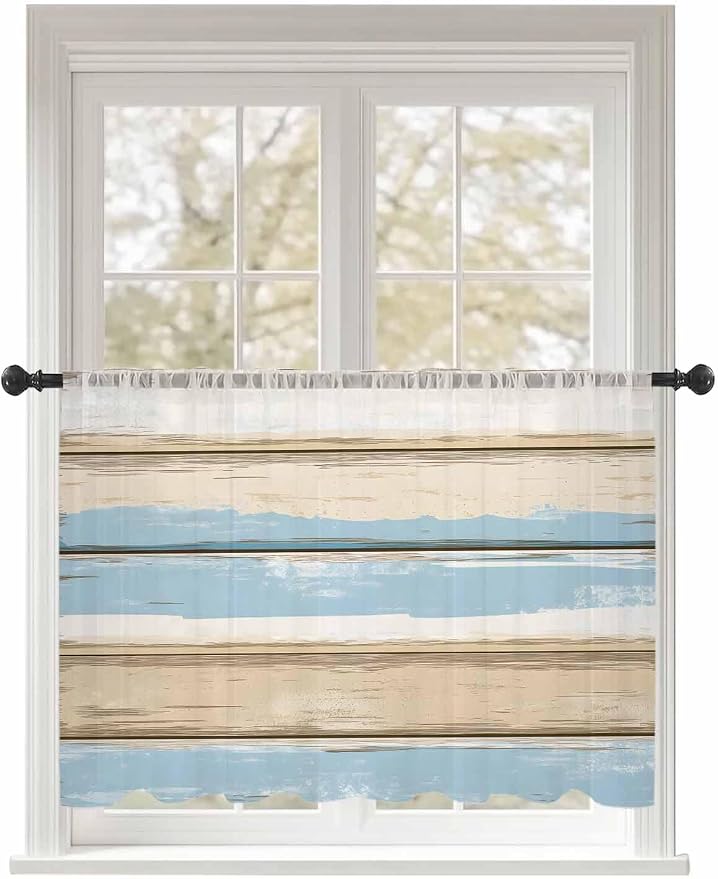 Sheer Curtains 54 Inch Length, Vintage Geometric Blue Semi Sheer Curtains Light by Unknown