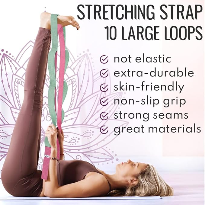 TECEUM Stretching Strap for Yoga & Physical Therapy – 10 Loops – Non-Elastic Leg Stretch Straps for Stretching, Exercising, Pilates, Post-Injury Rehabilitation for All Levels – Men & Women-FlexoryFit
