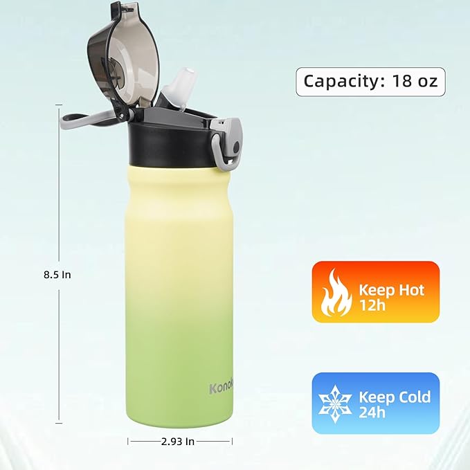 Insulated Water Bottle with Straw and Carry Loop,18 oz Stainless Steel Double Wall Vaccum Metal Water Flask with Leak-proof Lid,Lime-FlexoryFit