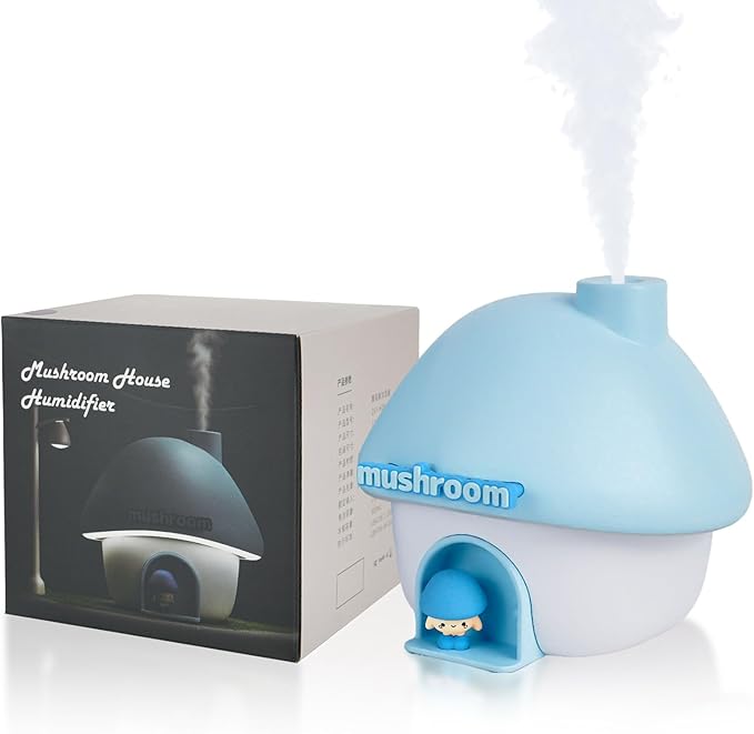 Cute Mushroom House Humidifier, 300ml Small Cool Mist Humidifers, USB Rechargeable Mini Portable Air Humidifer with Night Light for Bedroom, Office, Car, Travel, Indoor Plants (Blue)