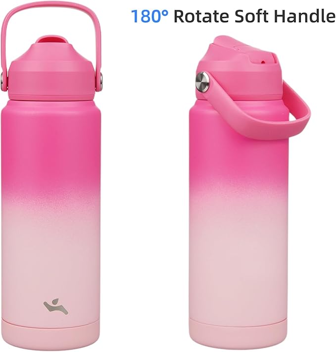 Insulated Water Bottle with Straw Lid,24 oz Stainless Steel Vacuum Metal Bottle with Silicone Handle,Cherry Blossom-FlexoryFit