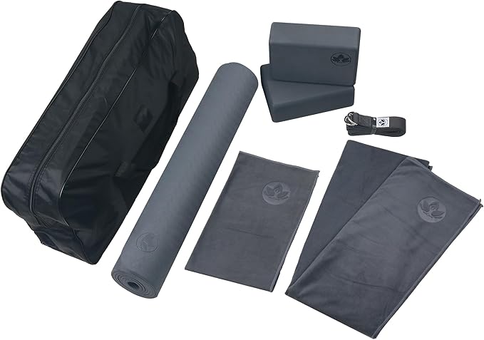 Clever Yoga - 7 Piece Yoga Kit for Women & Men, 6mm Cushioned Mat, 2 Blocks, Strap, Mat and Hand Towels & Carrying Bag - Starter Yoga Set, Accessories & Equipment for Home Workout-FlexoryFit
