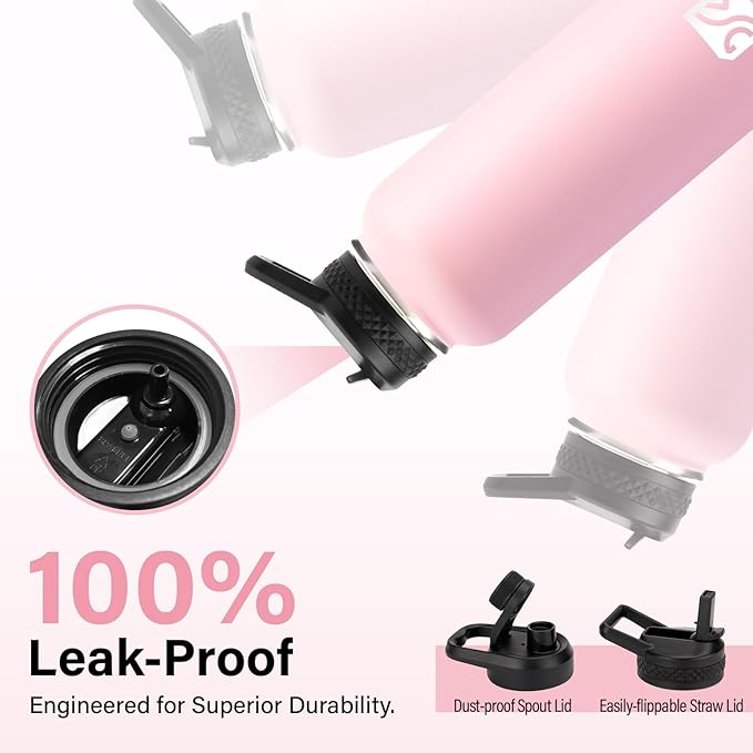 Insulated Water Bottle | Thickened Stainless Steel Vacuum Metal | Portable Sports Water Jug for Gym and Hiking with Straw, Carrier Bag, Handle Strap | BPA-Free 40 oz, Pink-FlexoryFit
