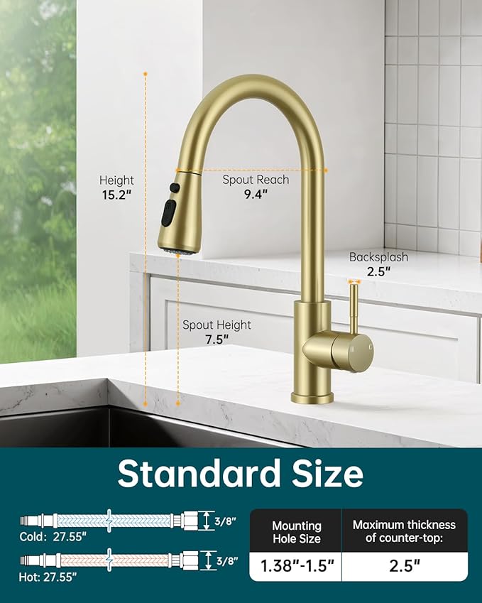 Brushed Gold Kitchen Faucet with Pull Down Sprayer, High Arc Faucet, Stainless Steel Modern RV Bar Sink Faucets for Pot Filler, Farmhouse Camper Bar Laundry, RV Bathroom