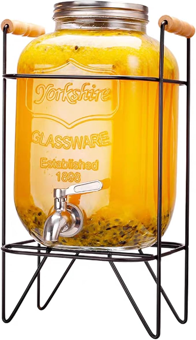 Tfwadmx 1 Gallon Drink Dispenser Glass Beverage Dispenser With Stand Leak Proof Stainless Steel Faucet Wide Mouth Mason Jar Style Drink Container Jug for Parties, Weddings, Lemonade, Cold Water