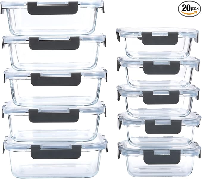 10-Pack Glass Food Storage Containers with Lids [Air-Tight,Leak-Resistant] Glass Containers for Food Storage, Meal Prep, Microwave, Freezer, Dishwasher Safe-FlexoryFit