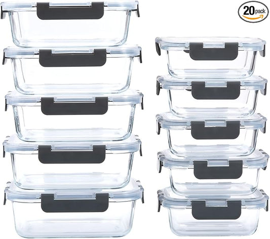 10-Pack Glass Food Storage Containers with Lids [Air-Tight,Leak-Resistant] Glass Containers for Food Storage, Meal Prep, Microwave, Freezer, Dishwasher Safe-FlexoryFit