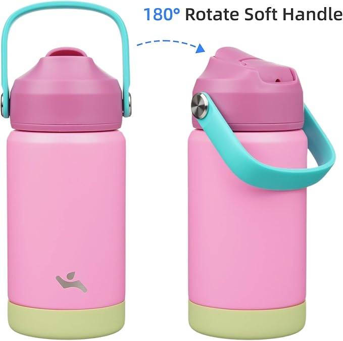 Insulated Water Bottle with Straw Lid,12 oz Stainless Steel Vacuum Metal Bottle with Silicone Handle,Rose Pink-FlexoryFit