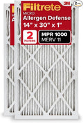 Filtrete 14x30x1 AC Furnace Air Filter, MERV 11, MPR 1000, Micro Allergen Defense, 3-Month Pleated 1-Inch Electrostatic Air Cleaning Filter, 2 Pack (Actual Size 13.81x29.81x0.81 in)