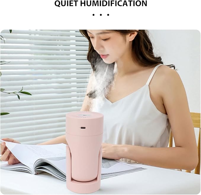 Portable Mini Humidifier,USB Automatic Rotating Super Quiet Small Desktop Cool Mist Humidifier for Bedroom Office Car Travel (Pink)