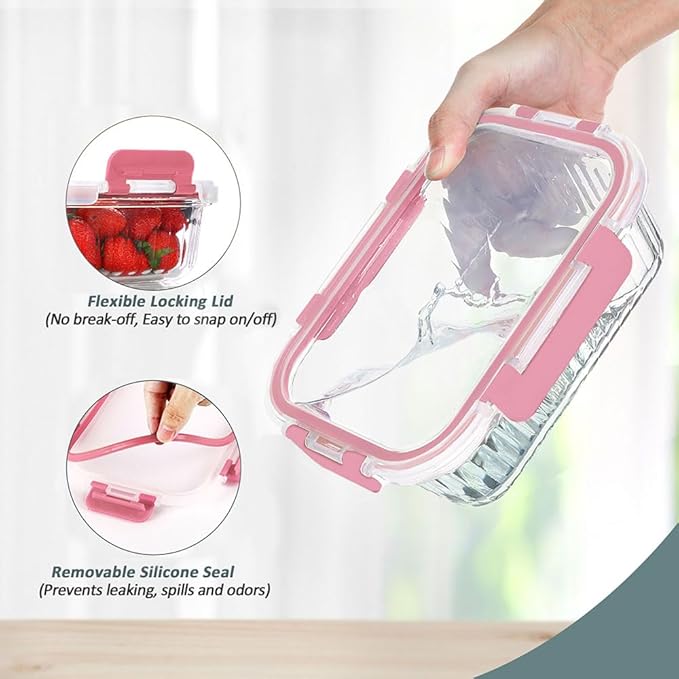10 Packs Glass Meal Prep Containers with Lids, Glass Food Storage Containers Set, Airtight Lunch Containers, Microwave, Oven, Freezer and Dishwasher Safe, Pink-FlexoryFit