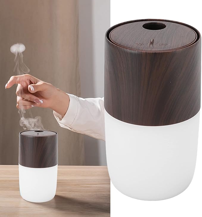 Portable Mist Humidifier, 300ml Capacity Personal Air Humidifier with Timing Function, Jellyfish Shaped Spray Mist, Mobile Using Office Humidifier with Colorful Night Light for Cars,(Dark Wood Color)
