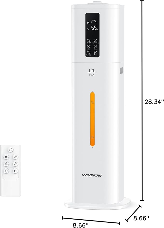 VAGKRI 12L Humidifiers for Large Room, Last 120 Hours, Cover up to 1000ft², Top Fill Ultrasonic Cool Mist Humidifier, 3 Mist Level, 24H Timer, Essential Oil Diffuser Humidifiers For Bedroom, Home