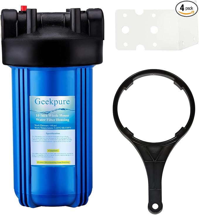 Geekpure 10-Inch Whole House Water Filter Housing 4.5"x10"1-Inch Outlet/Inlet with Wrench and Bracket-Blue Color (4)