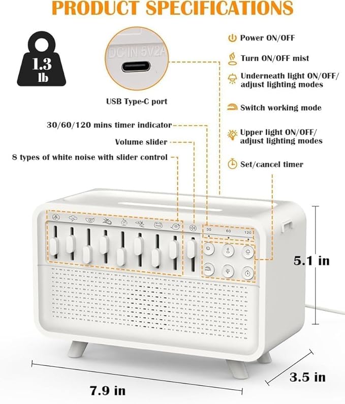 Humifall Noise Humidifier – Quiet Air Diffuser & Humidifier for Home, Office, Bedroom – Adjustable Mist, LED Lights, Whisper-Quiet Operation – Ideal for Sleep & Relaxation
