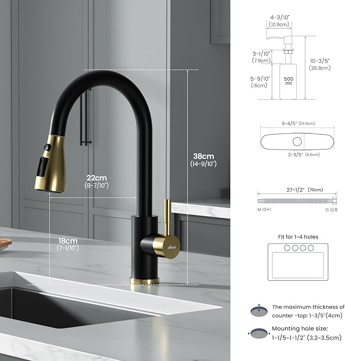 APPASO Black and Gold Kitchen Faucet, Stainless Steel Kitchen Sink Faucets with Soap Dispenser and Pull Down Sprayer 3 Modes, High Arch Single Handle Matte Black with Deck Plate for 1 to 4 Holes Sink