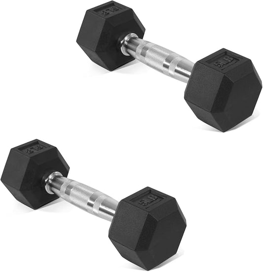 Rubber Encased Hex Dumbbell, Hand Weights with Anti-Slip Cast Iron Grip for Exercise & Fitness, Weights Dumbbells Set of 2 for Strength Training, 5-50 LBS Pair-FlexoryFit