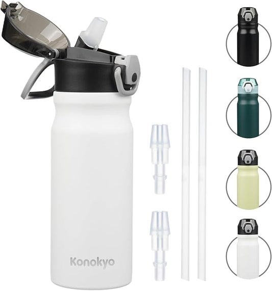 Insulated Water Bottle with Straw and Carry Loop,18 oz Stainless Steel Double Wall Vaccum Metal Water Flask with Leak-proof Lid,White-FlexoryFit