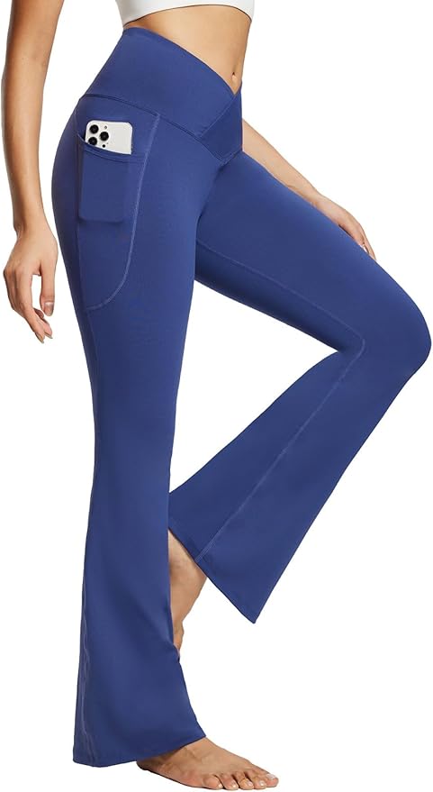 baleaf Women's V Crossover Flare Leggings with Pockets Yoga Pants High Waist Casual Workout Gym Bell Bottom Leggings-FlexoryFit