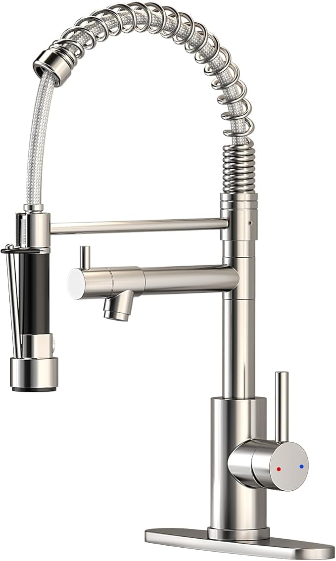 Commercial Pull-Down Kitchen Sink Faucet - Single Handle, Dual Spout, Stainless Steel, with Countertop & Sprayer (Chrome-03)