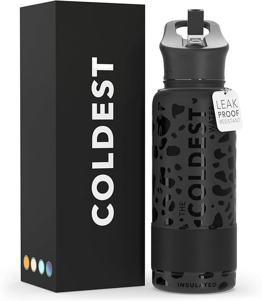 Coldest Insulated Water Bottle with Straw Lid - Stainless Steel Metal Insulated Bottle for Men & Women (Black Leopard, 32 oz)