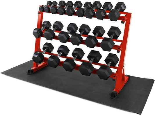 WF Athletic Supply Rubber Coated Hex Dumbbell Set, Multiple Choices Available - Dumbbells with Rack Stand and Mat, or Dumbbells Only (200/550/1200/2100/3000 LB)-FlexoryFit