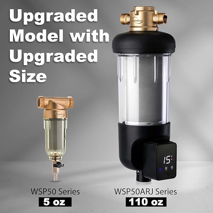 iSpring WSP100ARJ Spin-Down Sediment Water Filter, Upgraded Jumbo Size, Large Capacity, Reusable with Touch-Screen Auto Flushing Module, Brass Top Clear Housing, 100 Microns