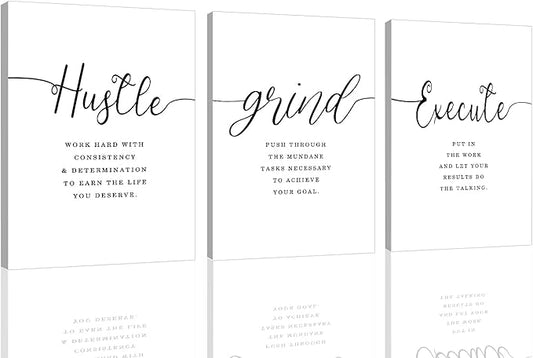 EPHANY Inspirational Wall Art - Large Office Wall Decor Painting, Hustle Grind Execute Quotes, office wall art,working room wall decor, gift for boss (H-3pcs,24x36inchx3pcs)-FlexoryFit