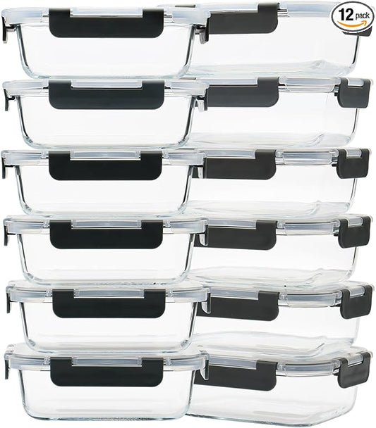 12 Pack 22oz Glass Meal Prep Containers, Food Storage Containers with Lids, Air-Tight, Leak-Resistant, Freezer to Microwave Safe - Grey Set-FlexoryFit