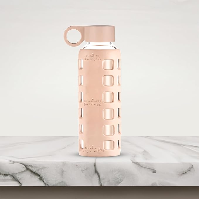 purifyou 40oz / 32oz / 22oz / 12oz Borosilicate Glass Water Bottle with Time & Volume Markers, Silicone Sleeve, Stainless Steel Lid | Reusable Glass Bottle for Water & Juice (12oz Hazelnut)