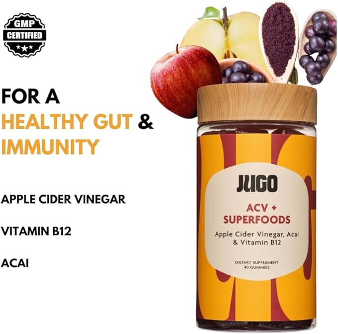 JUGO Apple Cider Vinegar + SUPERFOODS | ACV Gummies with Vitamin B12 & Acai | 40 Count Digestive Support Gummies | Plant-Based, Gelatin- Free, Non-GMO, Made in USA-FlexoryFit
